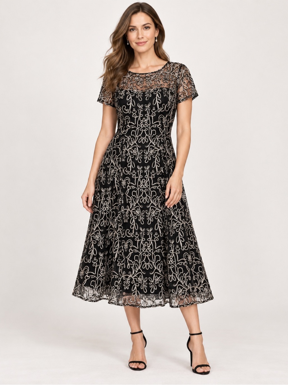 Black Mesh A-Line Midi Dress with Cream Embroidery